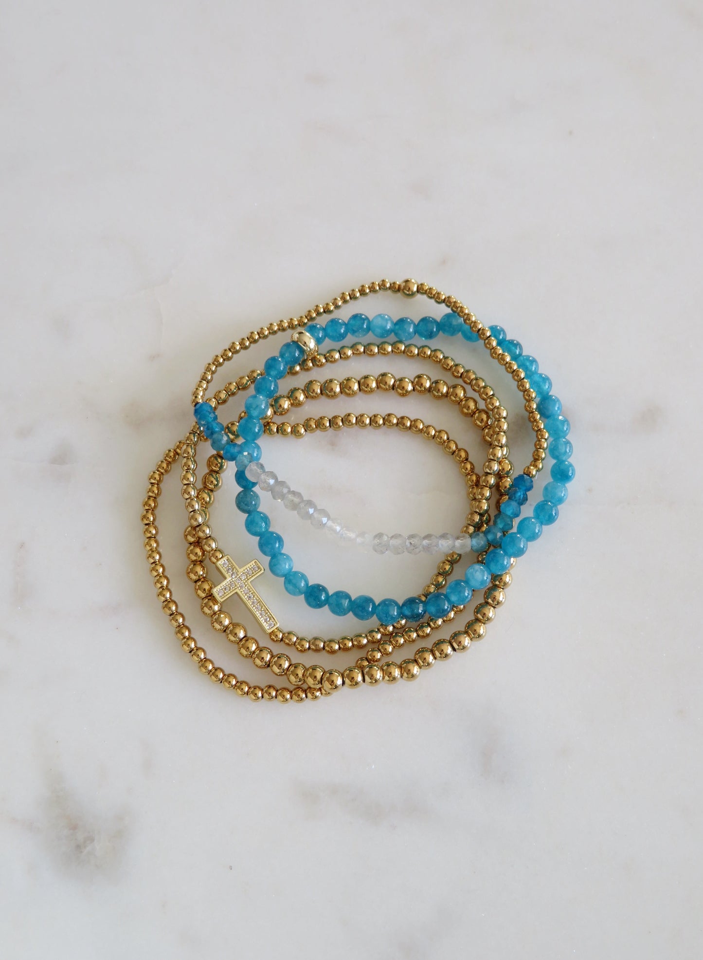 Subtle Cross Blue Beaded Bracelet Stack - Set of 5 Waterproof Non-Tarnish