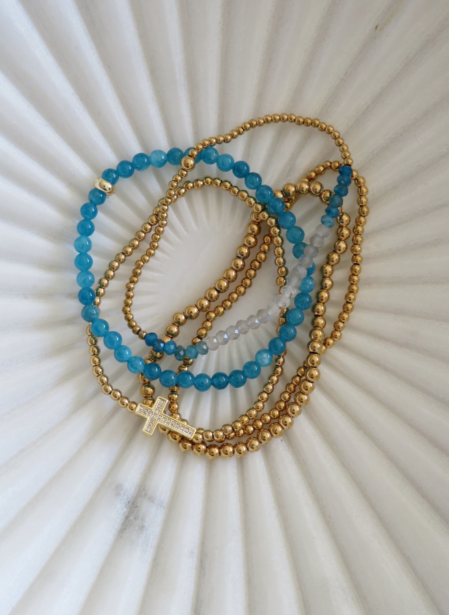 Subtle Cross Blue Beaded Bracelet Stack - Set of 5 Waterproof Non-Tarnish