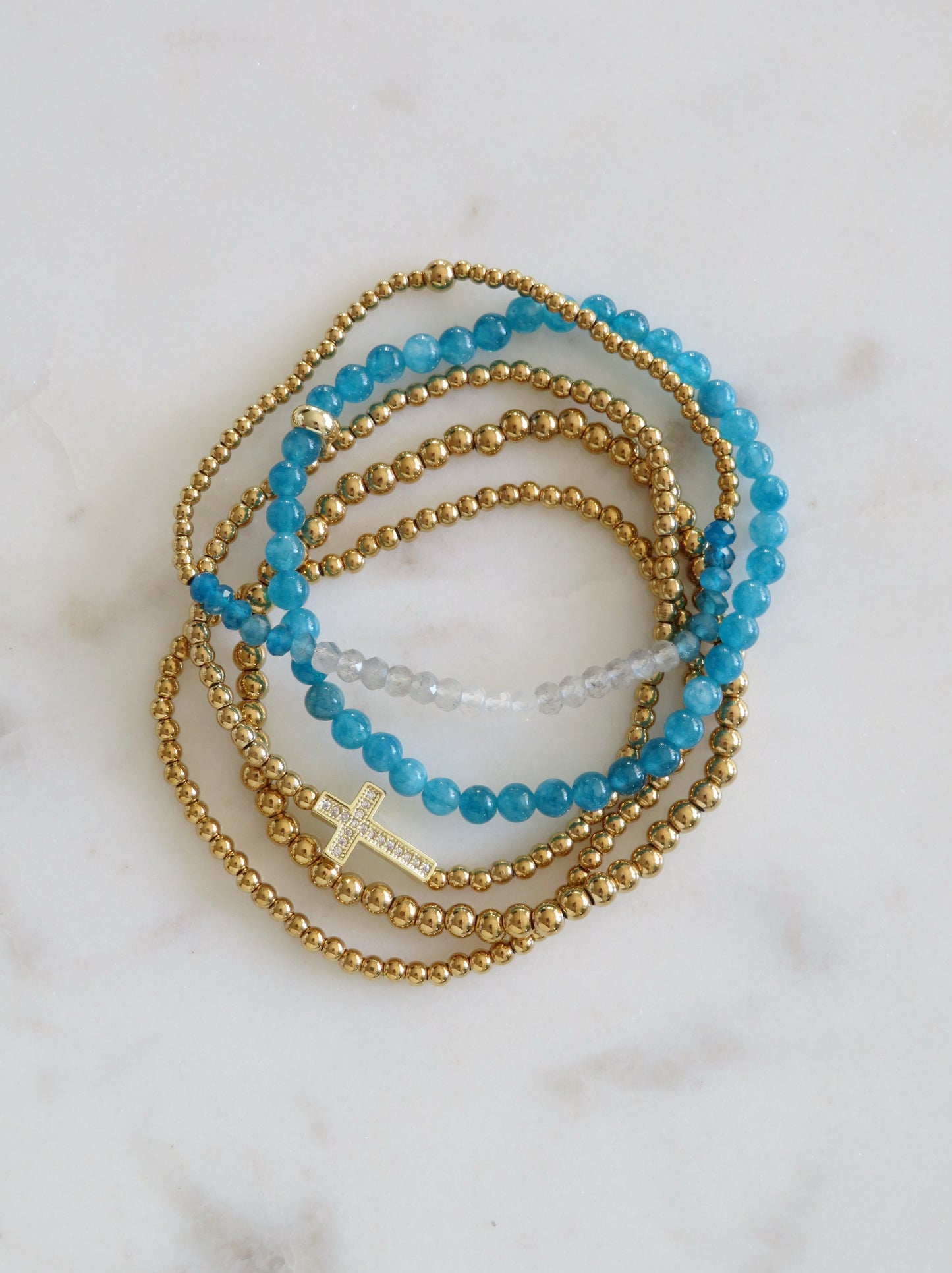 Subtle Cross Blue Beaded Bracelet Stack - Set of 5 Waterproof Non-Tarnish