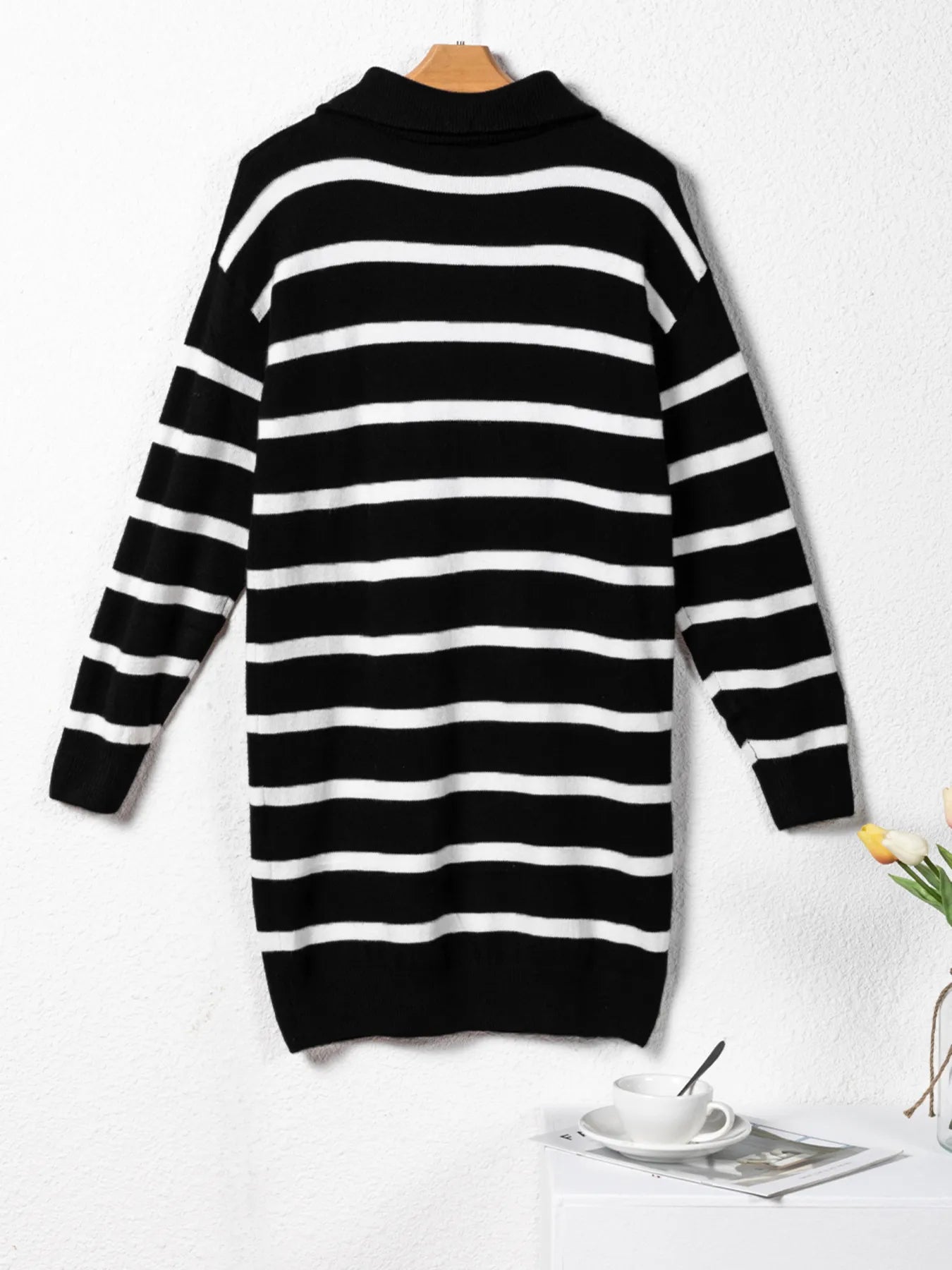 Striped O-ring Zip Collared Loose Sweater Mini Dress A Subtle Slay Striped O-ring Zip Collared Loose Sweater Mini Dress A Subtle Slay