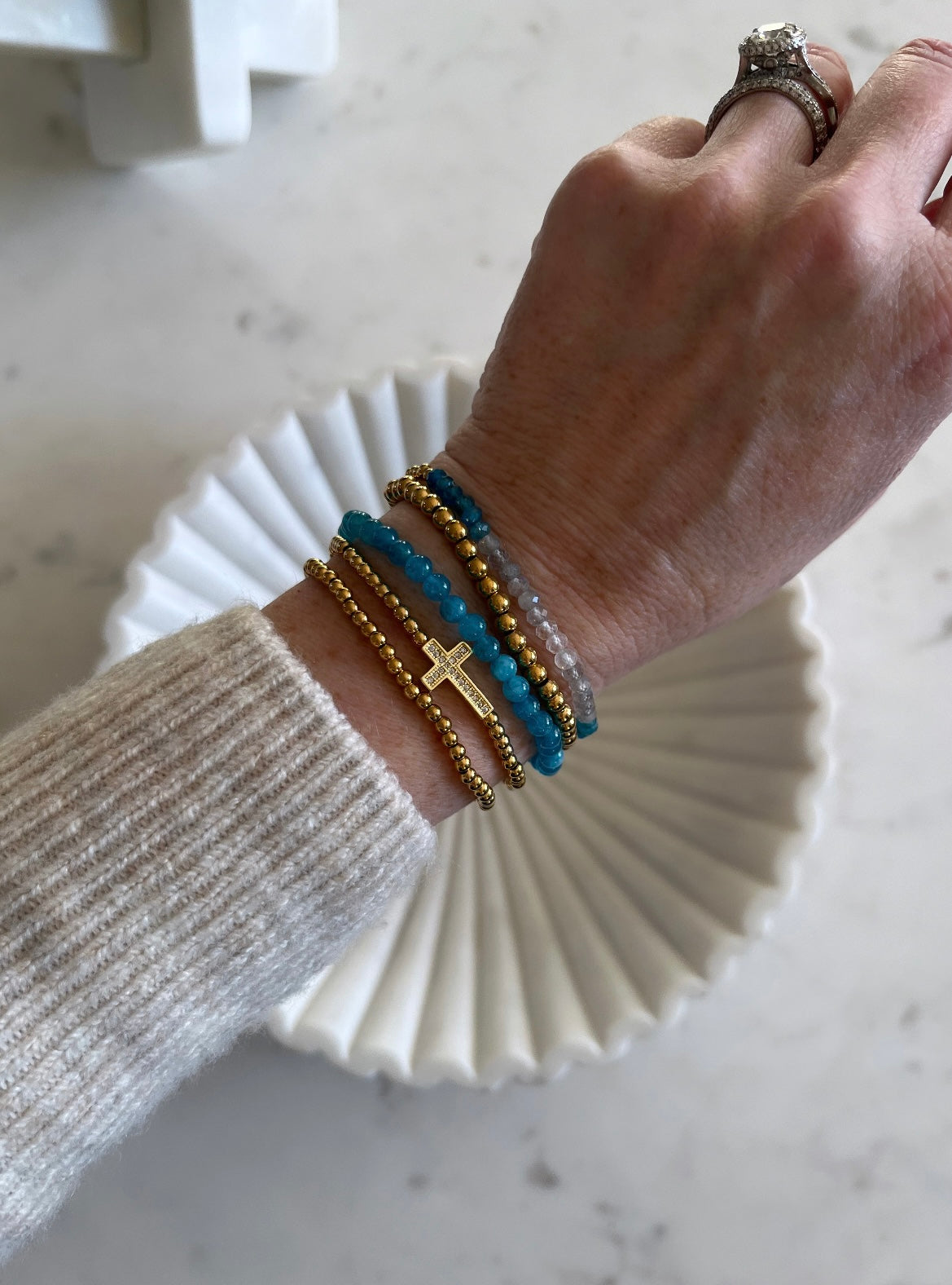 Subtle Cross Blue Beaded Bracelet Stack - Set of 5 Waterproof Non-Tarnish