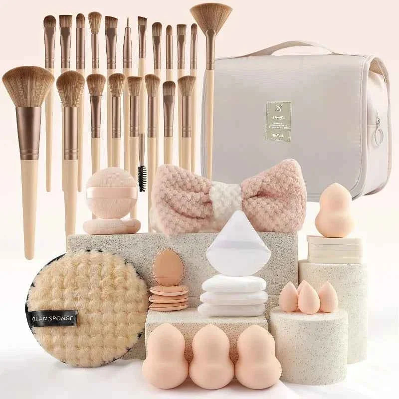 [subtle] 44 piece luxe style large capacity makeup brush set (handheld toiletry storage bag included with white and orange)