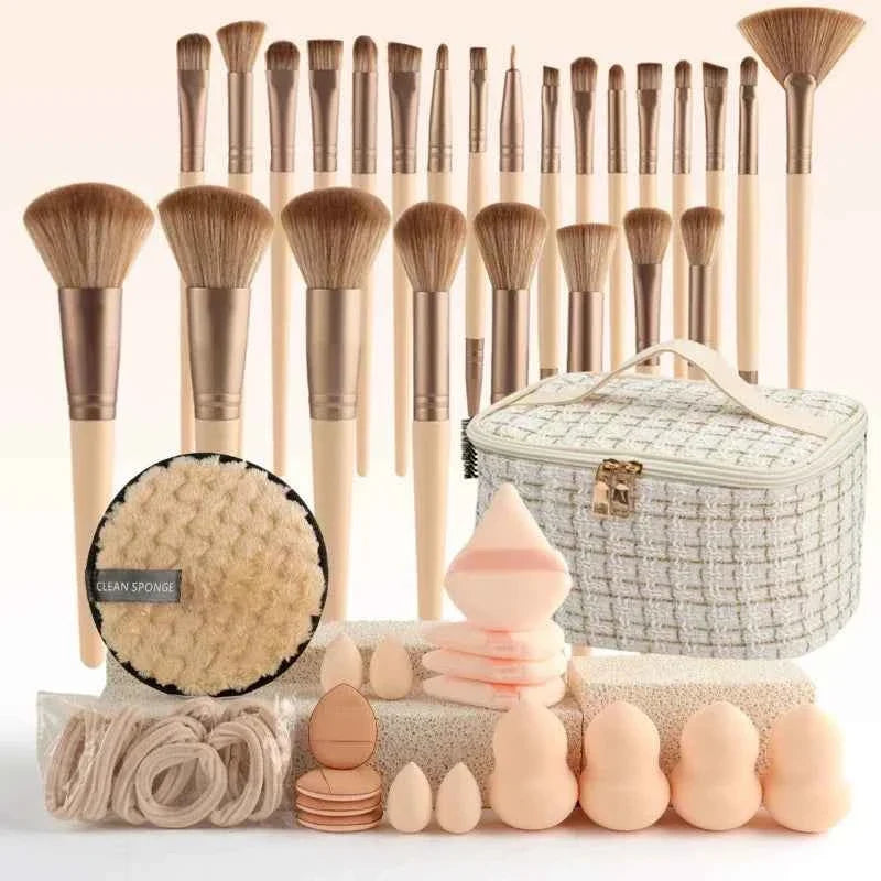 [subtle] 44 piece luxe style large capacity makeup brush set (handheld toiletry storage bag included with white and orange)
