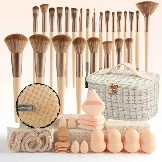 [subtle] 44 piece luxe style large capacity makeup brush set (handheld toiletry storage bag included with white and orange)